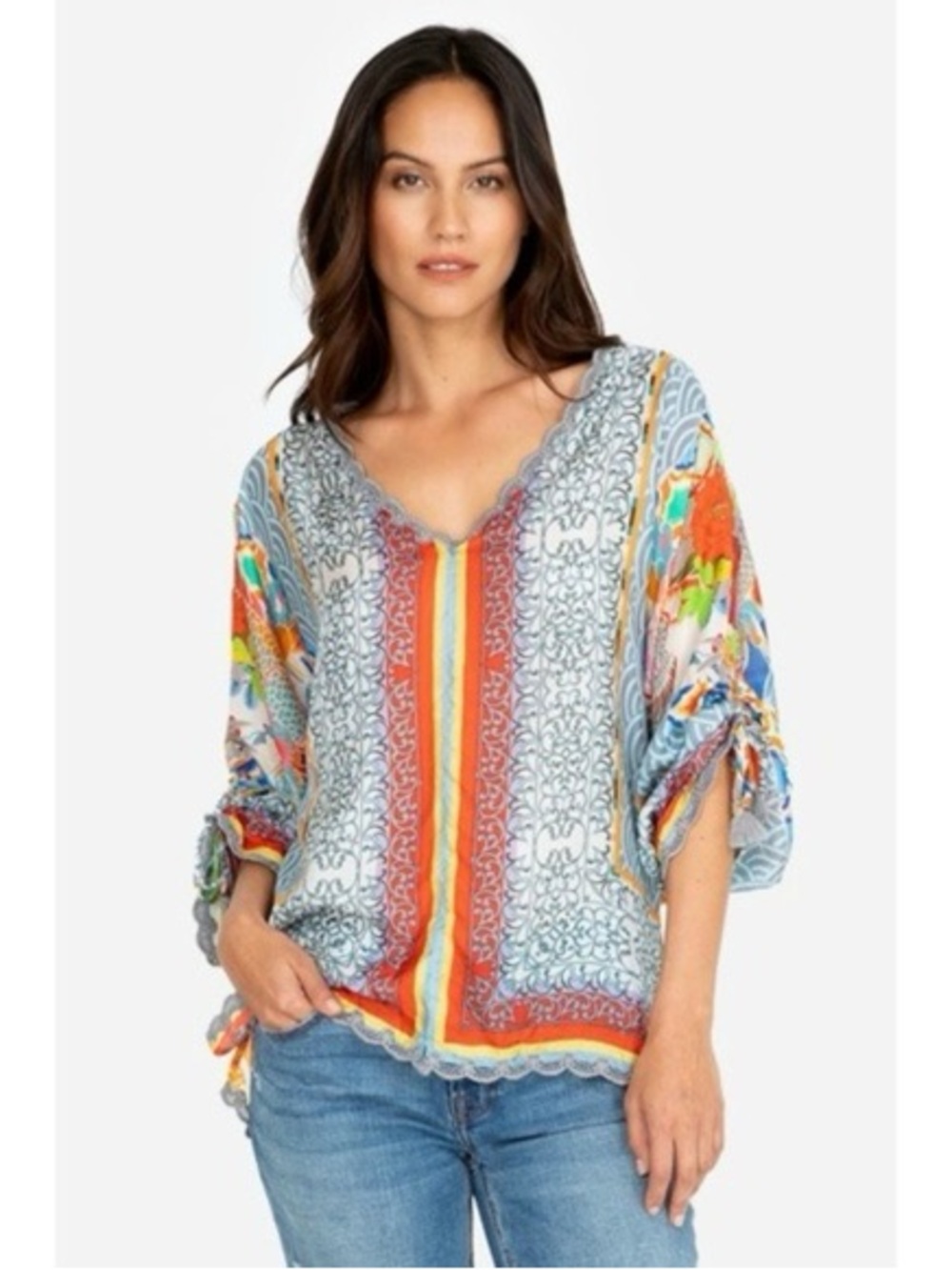 Johnny Was Dragon Silk Blouse Tunic Bohemian Tassels | Size Medium